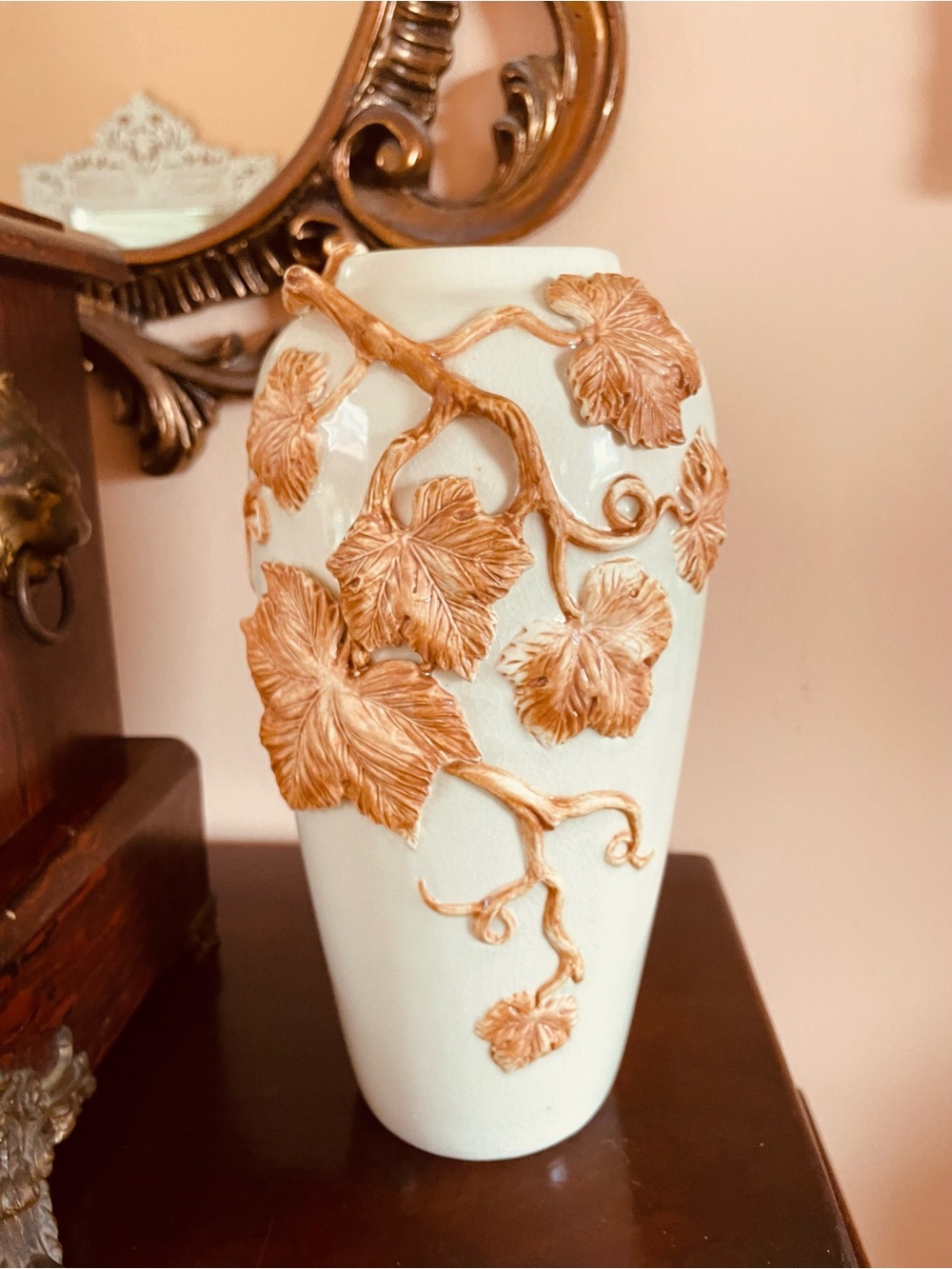 Vintage Fitz and Floyd White Ceramic Vase with Winding Gold Leaf Relief 10 1/2”
